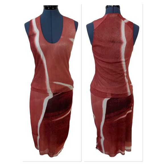 Vivienne Tam Dresses & Skirts - Vtg Vivienne Tam Mesh 2 Piece Set Abstract Print Bodycon Top Midi Skirt Y2K S